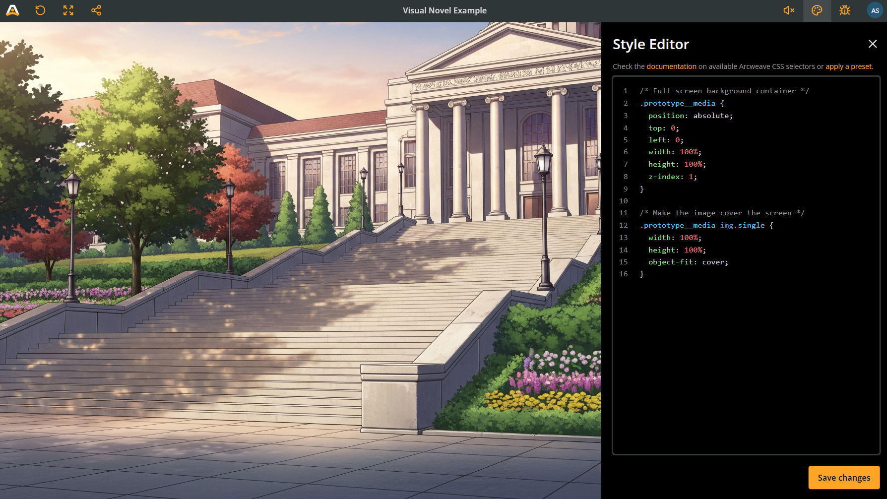 Arcweave's Play Mode. The Style Editor is open on the right, while a background image fills the rest of the window. The CSS code is the one described right after this image.
