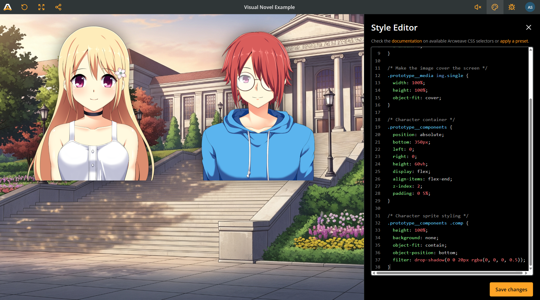 Arcweave's Play Mode. The Style Editor is open. Two character components appear floating as character sprites in front of a background image.