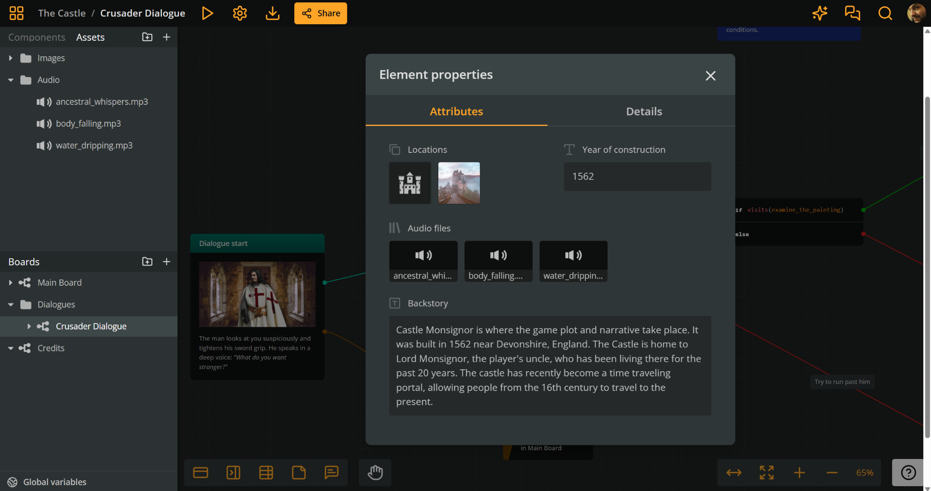 Screenshot showing the open element properties modal, featuring all 4 types of element attributes. First, there is a component list called "Locations" that has two components. Then, there is a string attribute called "Year of construction" that has the value "1562." Third, an audio list called "Audio files" that has 3 audio files. Finally, a rich text attribute called "Backstory" that tells the backstory of the castle.