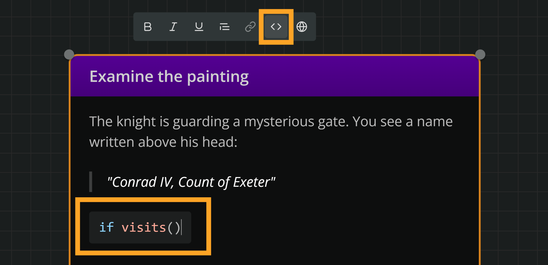 An element in edit mode. An orange rectangle emphasizes the Arcscript button in the rich text formatting menu. A similar rectangle emphasizes a paragraph formatted as arcscript code segment inside the element's text content.