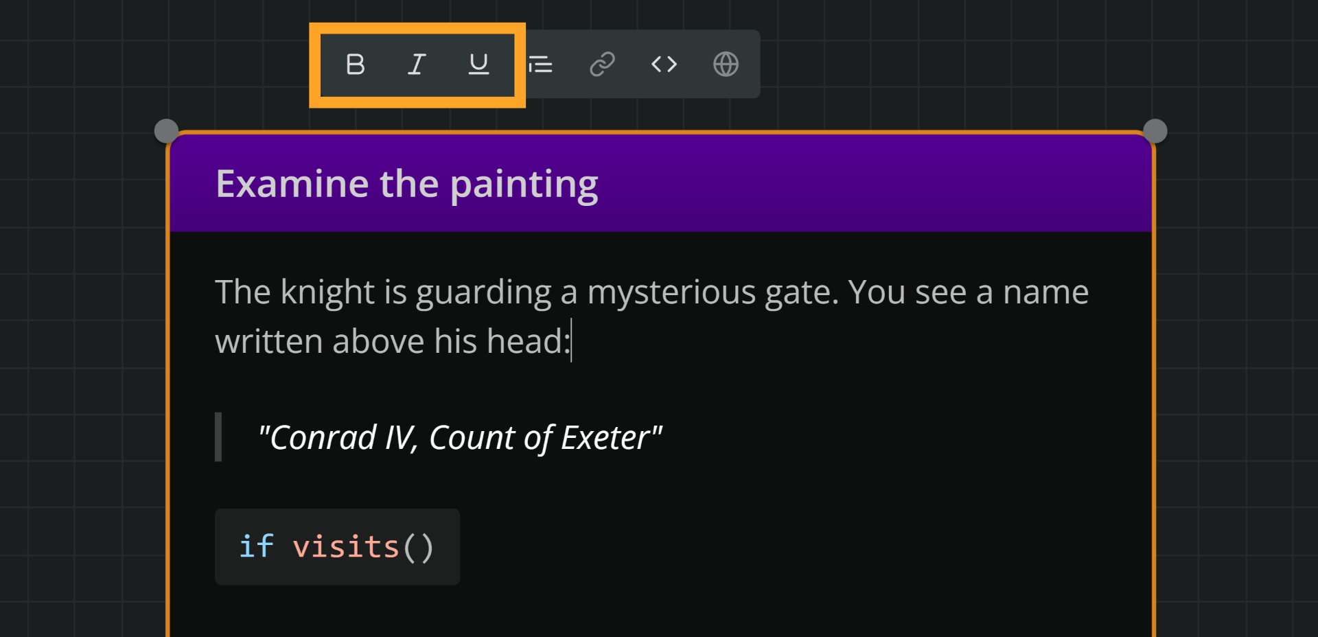 An element in edit mode. An orange rectangle emphasizes the Bold, Italic, and Underline buttons in the rich text formatting menu.