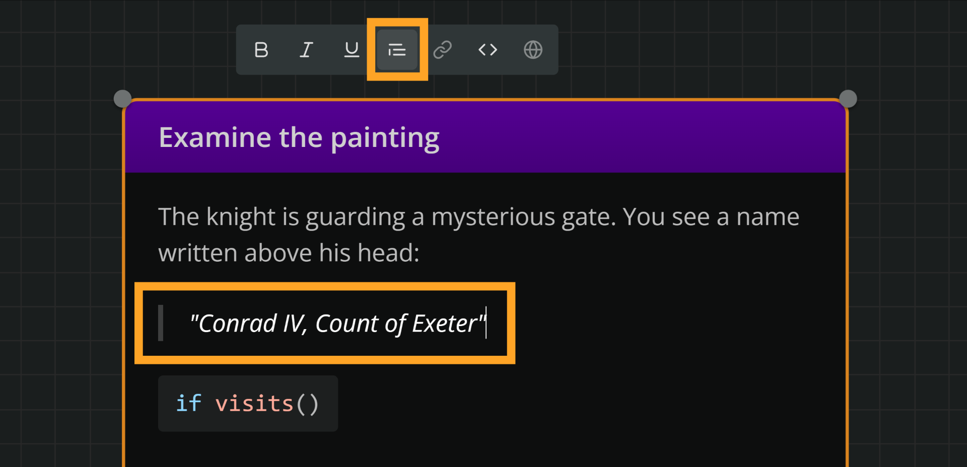 An element in edit mode. An orange rectangle emphasizes the Blockquote button in the rich text formatting menu. A similar rectangle emphasizes a paragraph formatted as blockquote inside the element's text content.