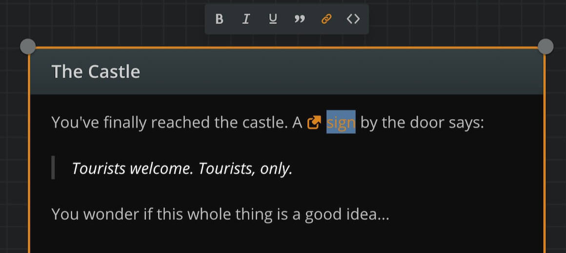 Similar screenshot with the previous ones, where some text has been selected and turned into a link.
