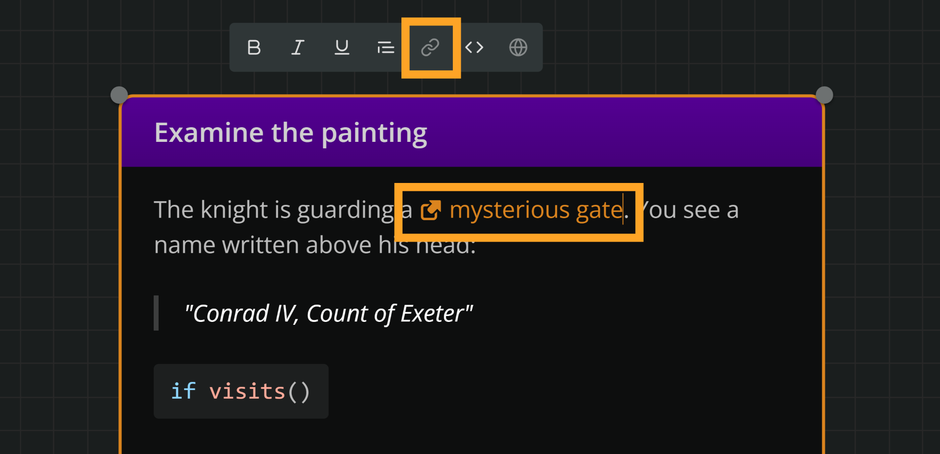 An element in edit mode. An orange rectangle emphasizes the Link button in the rich text formatting menu. A similar rectangle emphasizes a group of words formatted as a link inside the element's text content.