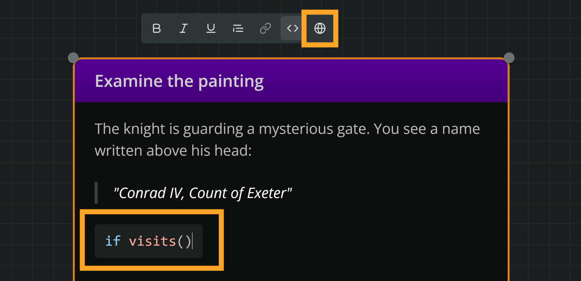 An element in edit mode. An orange rectangle emphasizes the Translatable button in the rich text formatting menu. A similar rectangle emphasizes a paragraph formatted as arcscript code segment inside the element's text content.