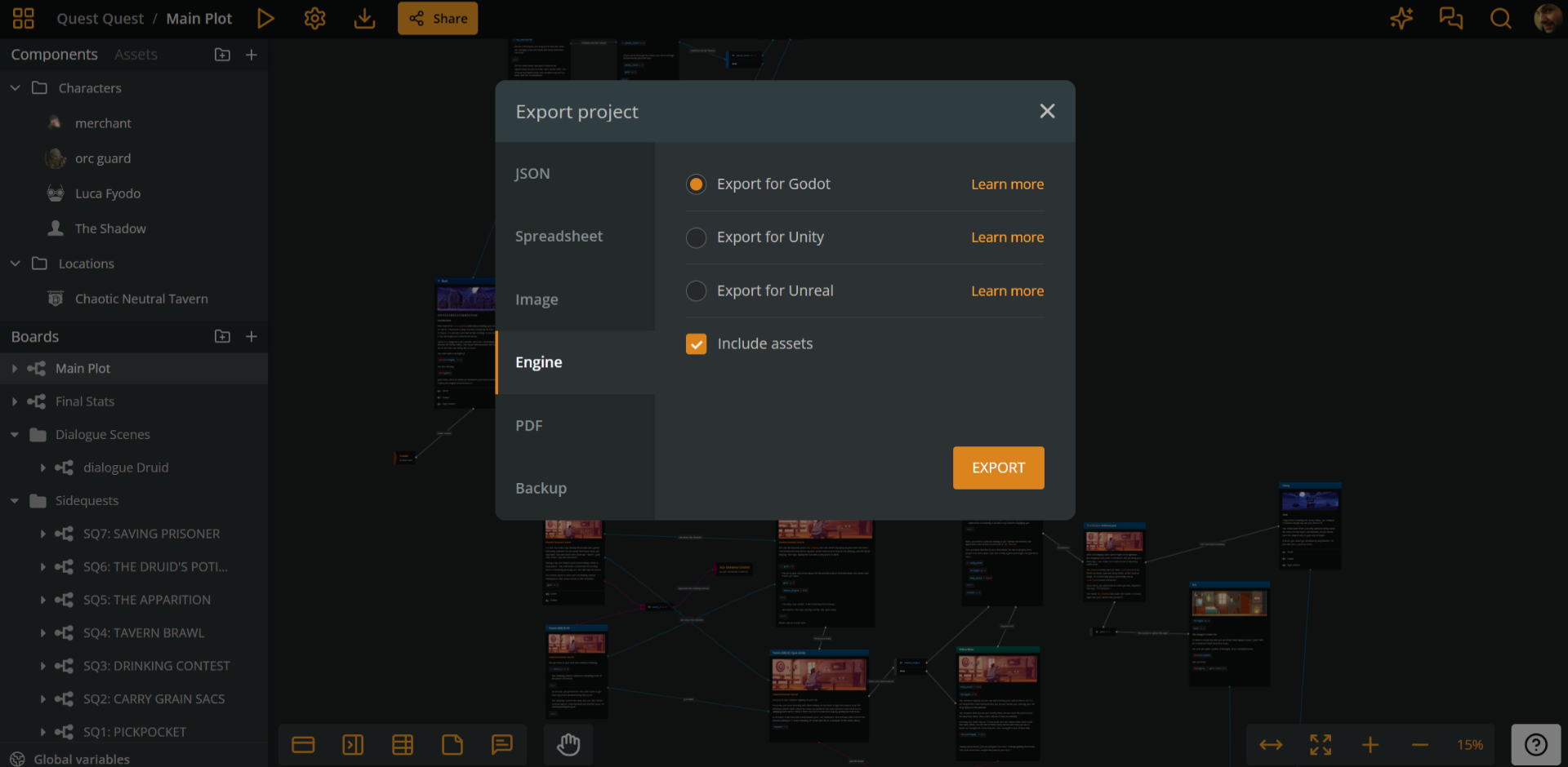 The Arcweave window showing an open project and its "Export" modal currently open at the "Engine" tab, showing options for Export for Godot, Unity and Unreal. There is also a checkbox for including the project assets in the exported zip file.