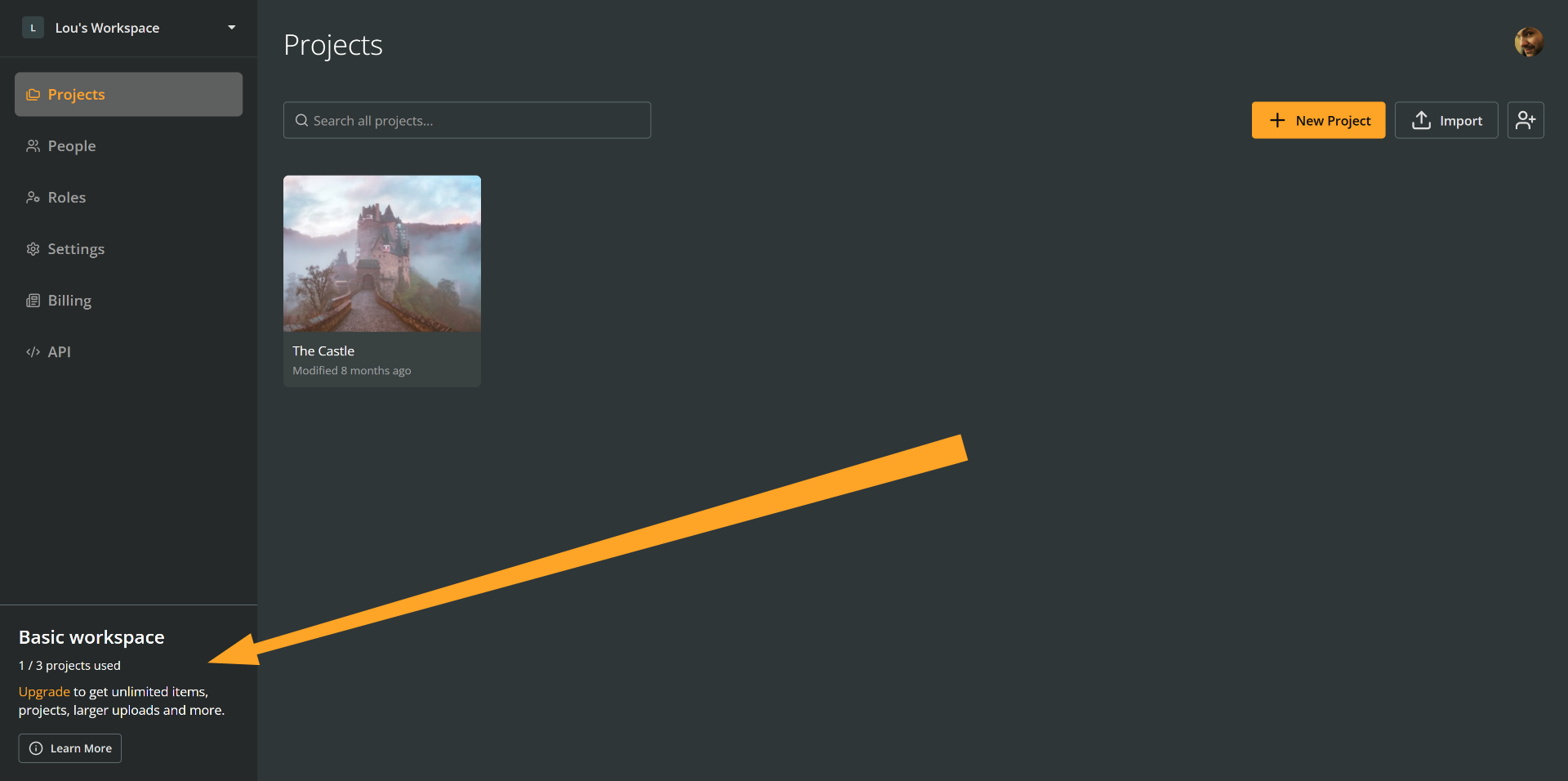 The Projects section of a Basic workspace in Arcweave, with an orange arrow pointing at the workspace's upgrade prompt at the bottom left corner of the window.
