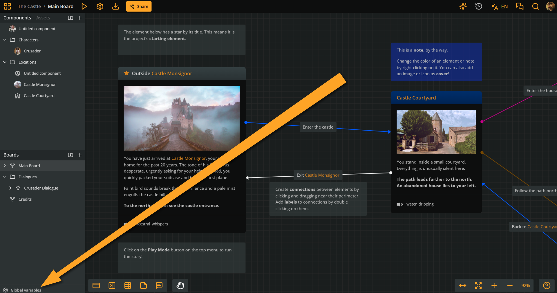 Arcweave's project environment. An orange arrow points at the Global variables button, at the bottom of the left sidebar.