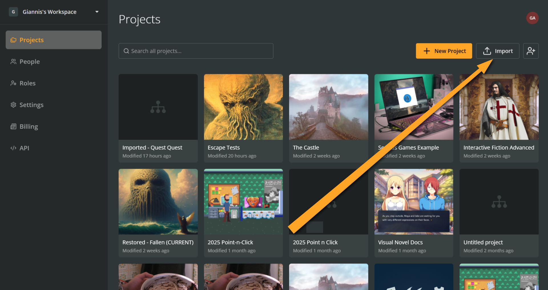 The Projects section of an Arcweave workspace, with an orange arrow pointing at the "Import" button at the top right of the screen.