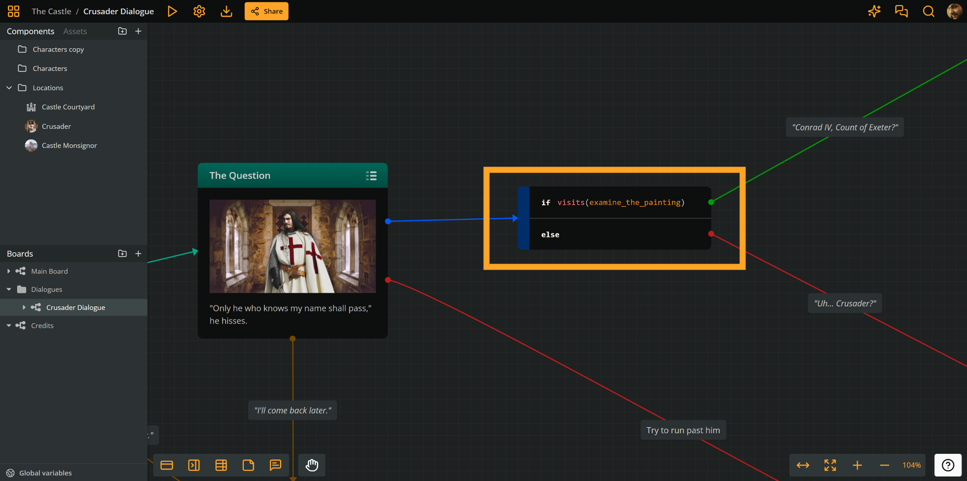 Screenshot of Arcweave's UI demonstrating a branch using if and else blocks. The branch comes after the element where the Crusader character tells the player "Only he who knows my name shall pass." The branch checks the condition "if the player has examined the painting."