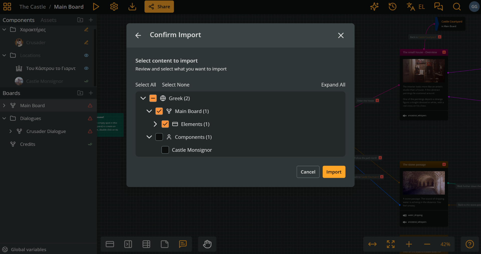 Arcweave's project environment. The Confirm Import modal is open, where the user can select and confirm the imported content, by checking on checkboxes.