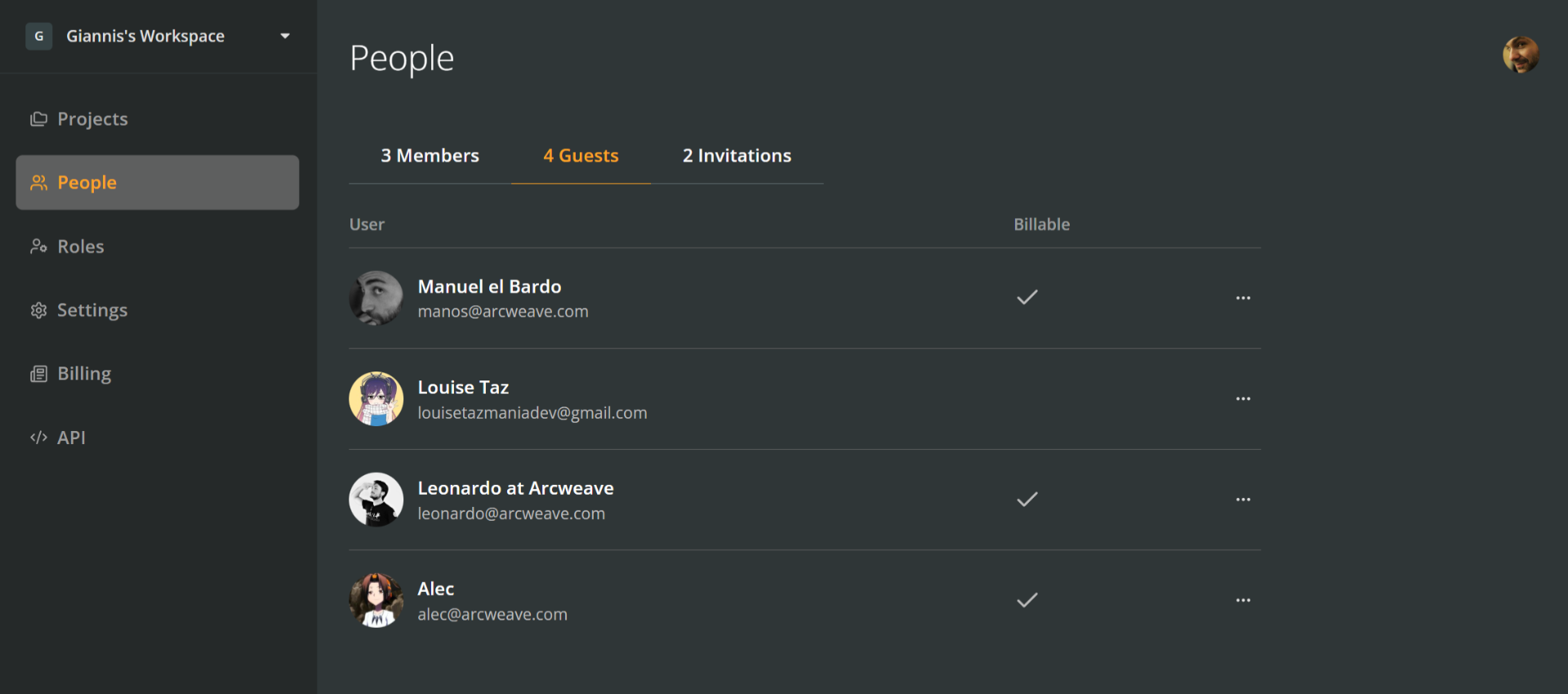 The People section of an Arcweave workspace, showing the Guests tab.