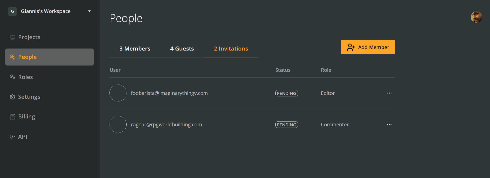 The People section of an Arcweave workspace, showing the Invitations tab.