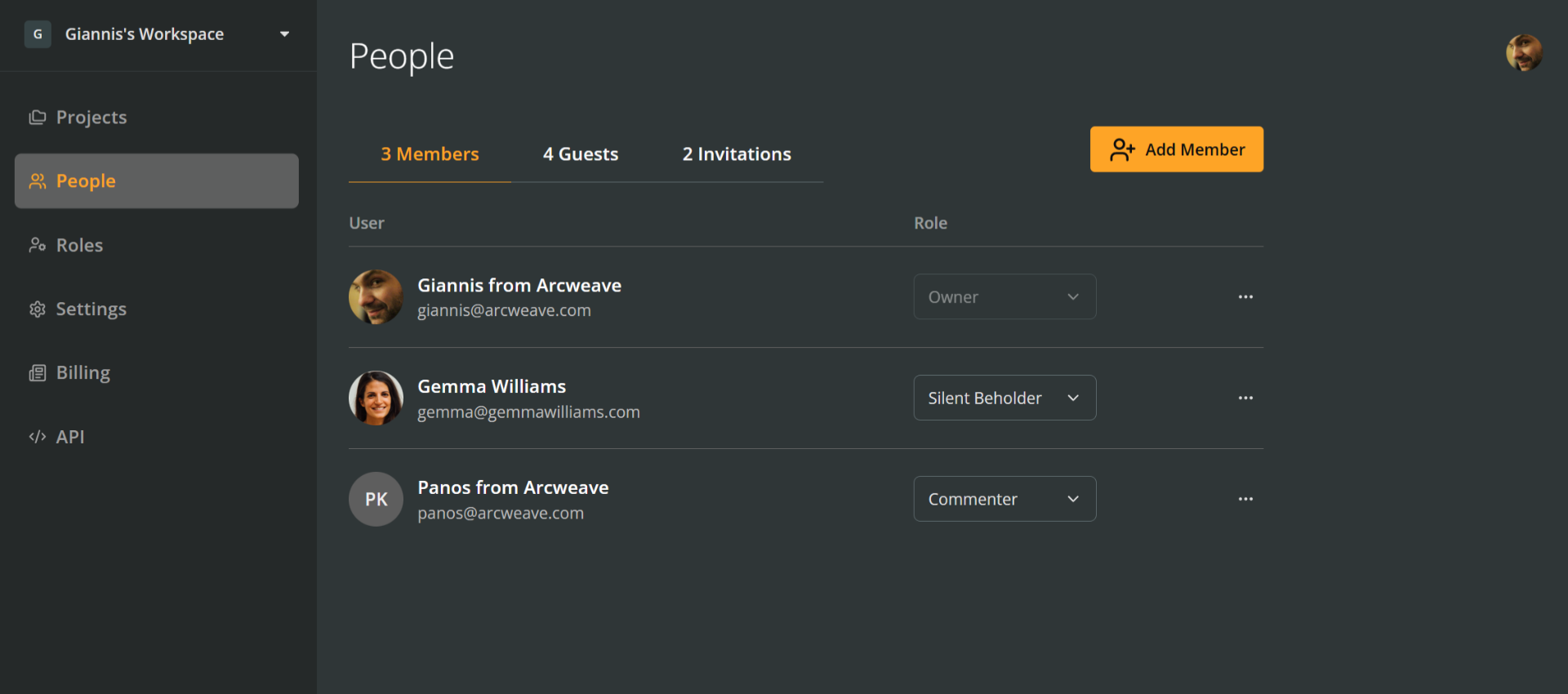 The People section of an Arcweave workspace, showing the Members tab.