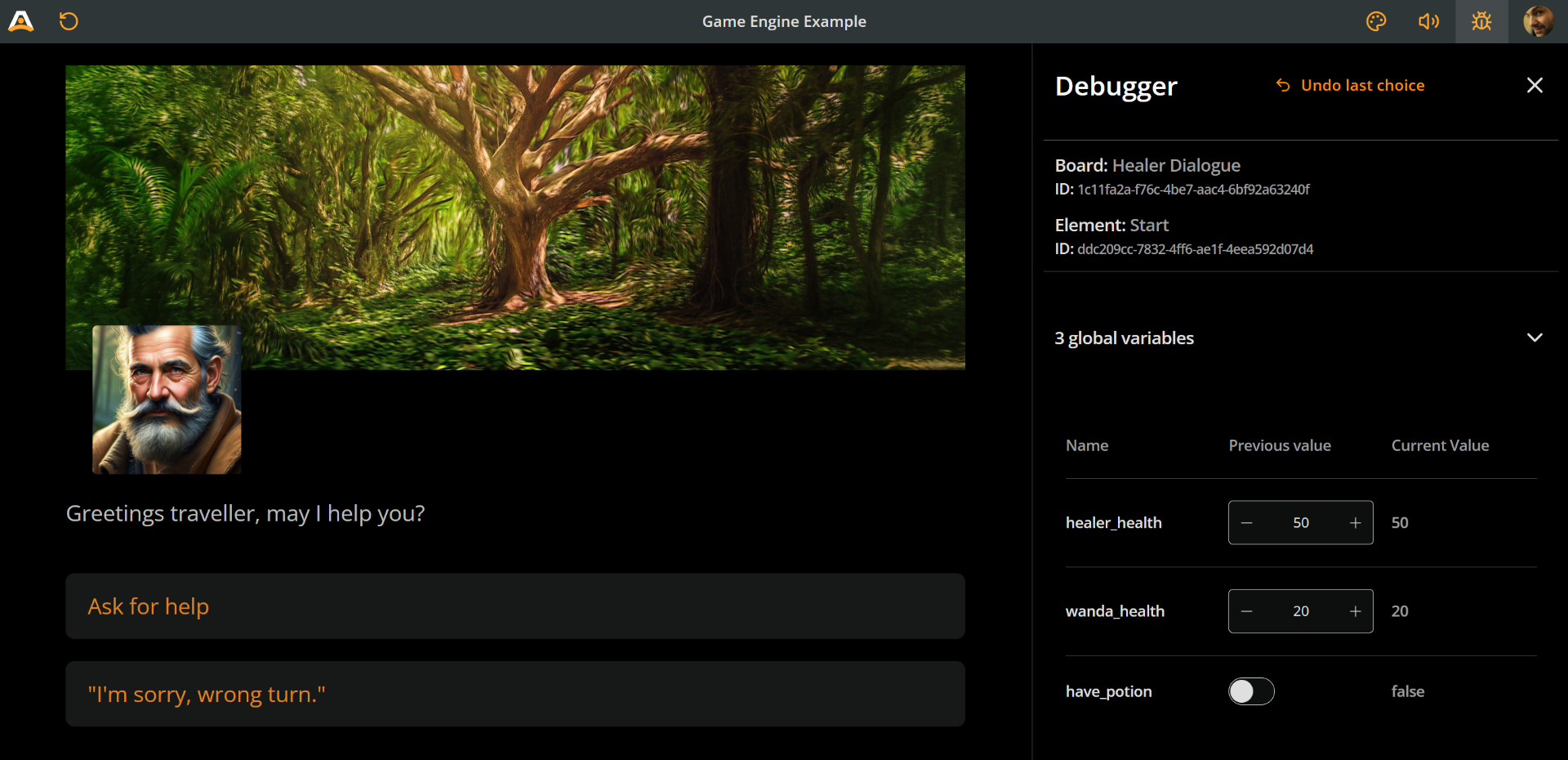 Arcweave's Play Mode window, with the Debugger sidebar open on the right showing the values of 3 variables.