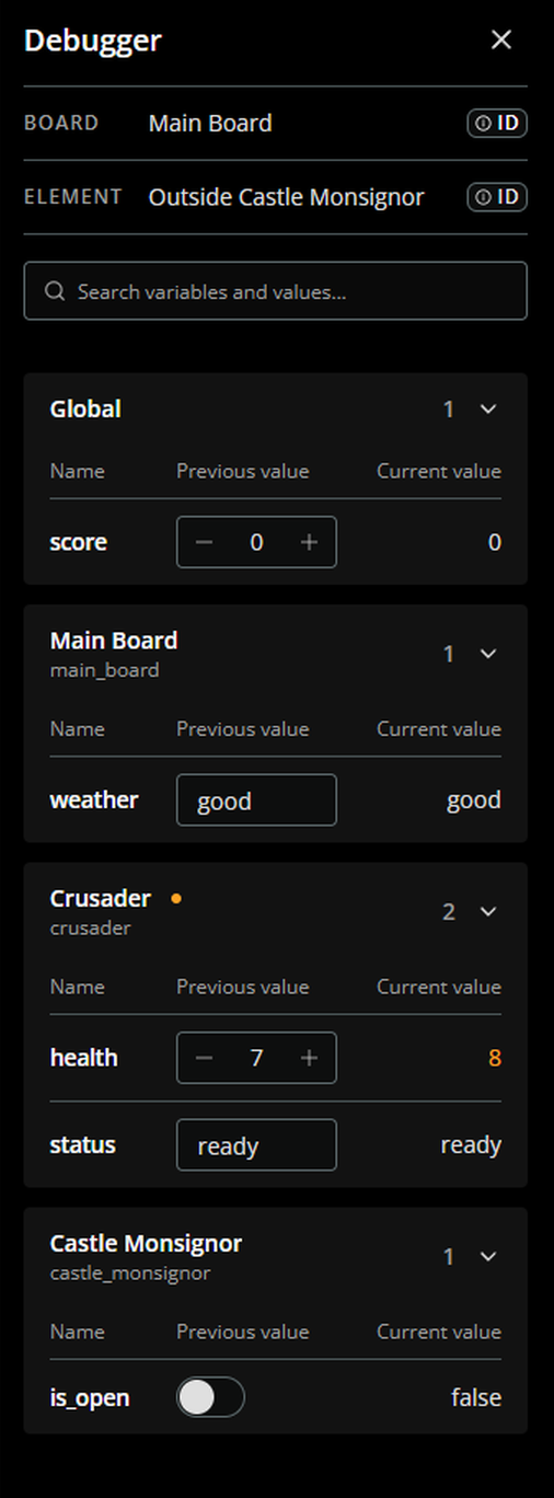 The Debugger's searchable variable list, grouped into Global, board, and component sections.