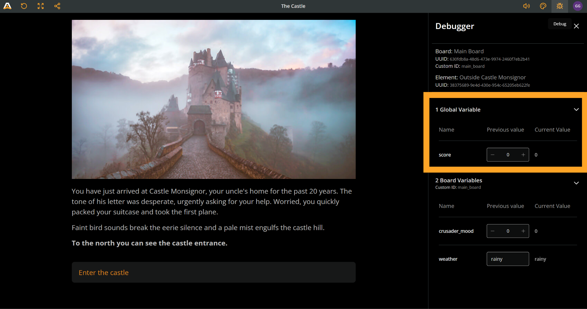 Arcweave's Play Mode environment, with the Debugger sidebar open on the right. An orange rectangle emphasizes the list of the project's global variables.