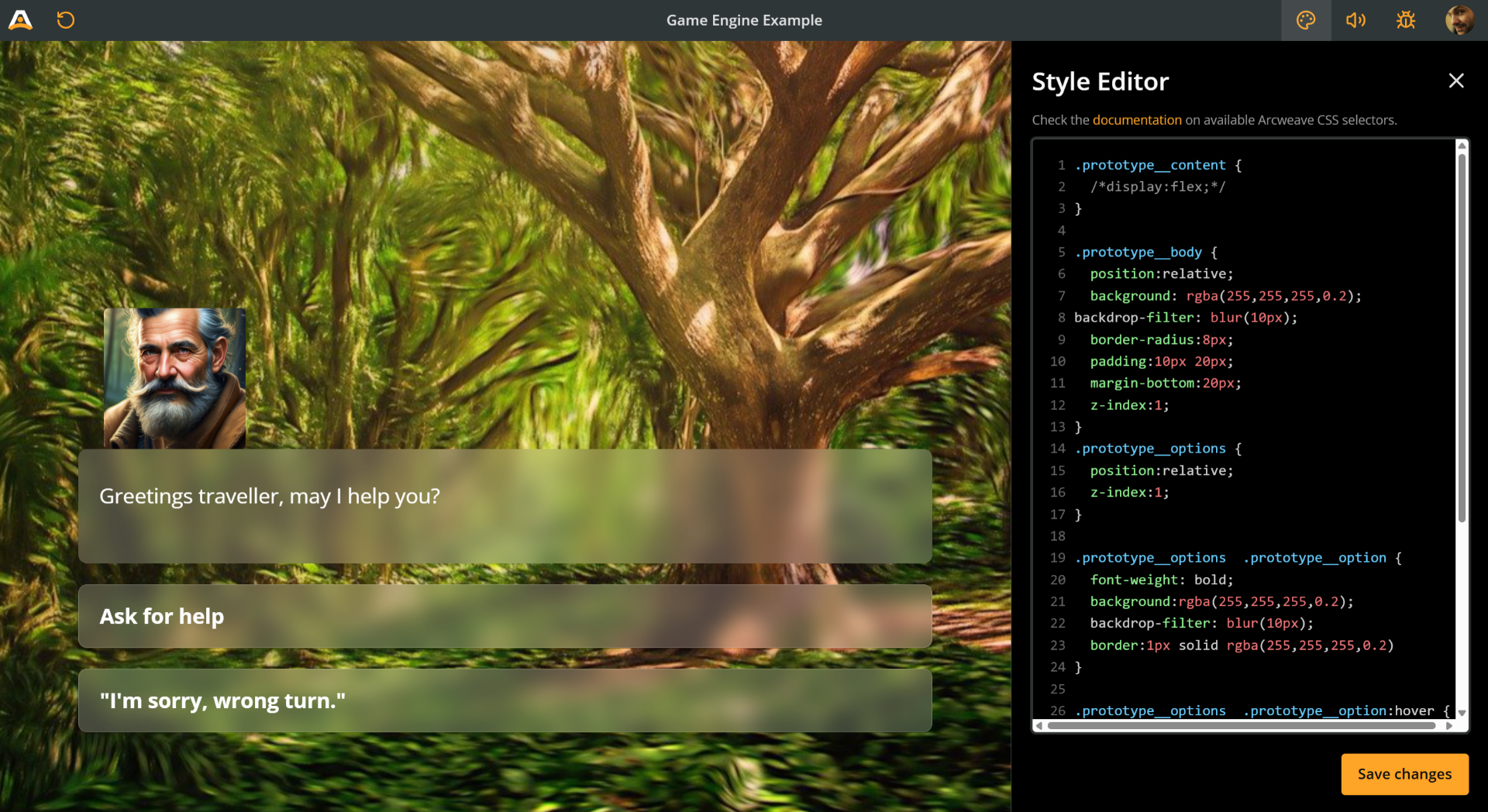 Arcweave's Play Mode window, with the Style Editor sidebar open on the right, showing a block of CSS code affecting the playthrough's appearance on the left: the option buttons are semi-transparent and the cover image is full screen.