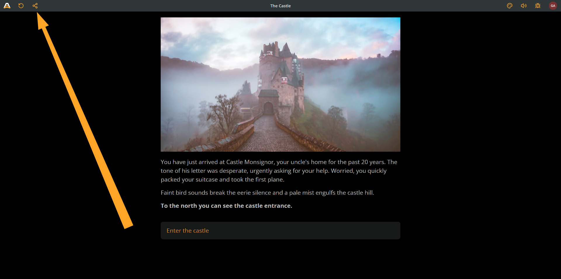 Arcweave's Play Mode environment, with an orange arrow pointing at the Share button on the top menu.