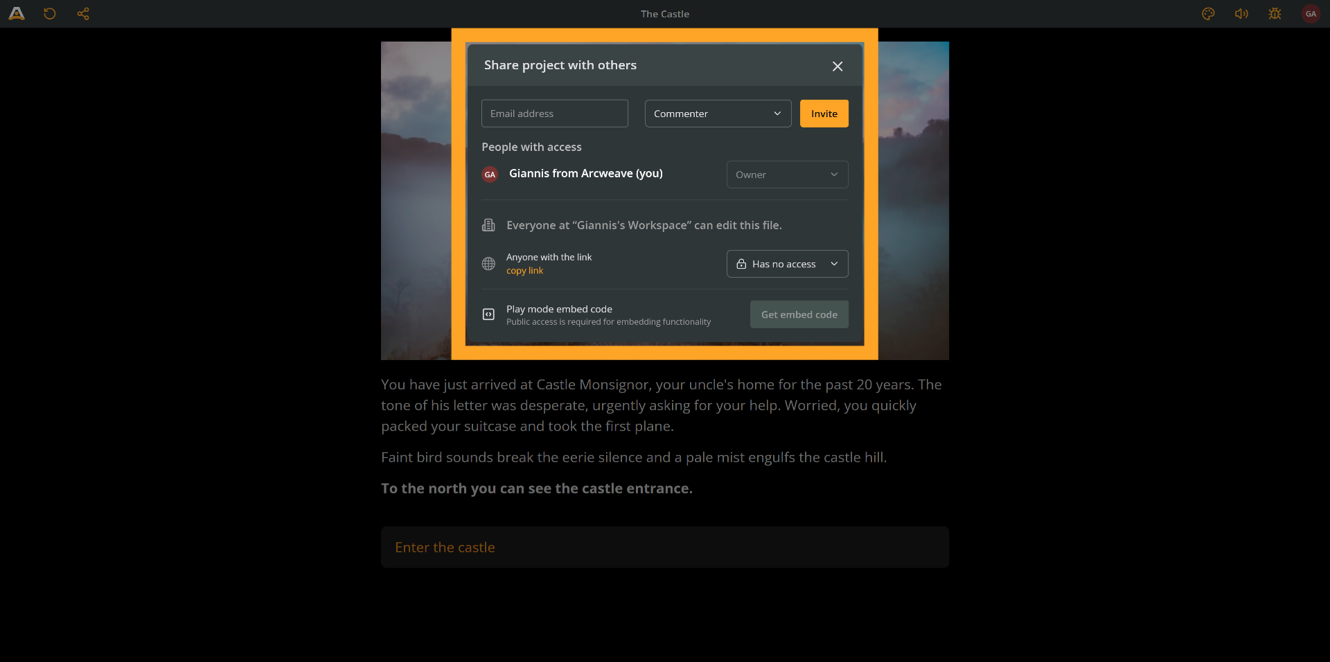 Arcweave's Play Mode environment, with an orange arrow pointing at the Share button on the top menu. The Share panel is open and identical to the project's Share panel, providing the option to invite project collaborators and change the project's public access.