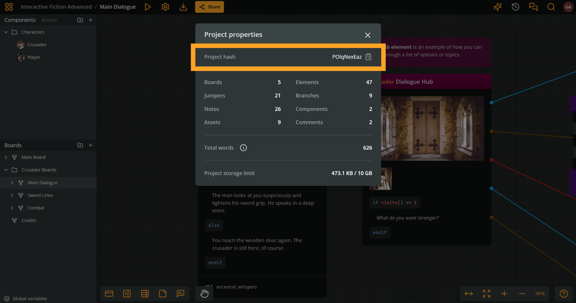 Arcweave's project environment, with the Project properties panel open and an orange rectangle emphasizing the project hash.