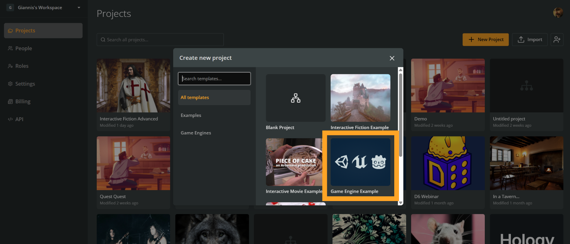 The Projects section of an Arcweave workspaces, showing the "Create new project" modal open, where the "Game Engine Example" template has been highlighted with an orange rectangle.