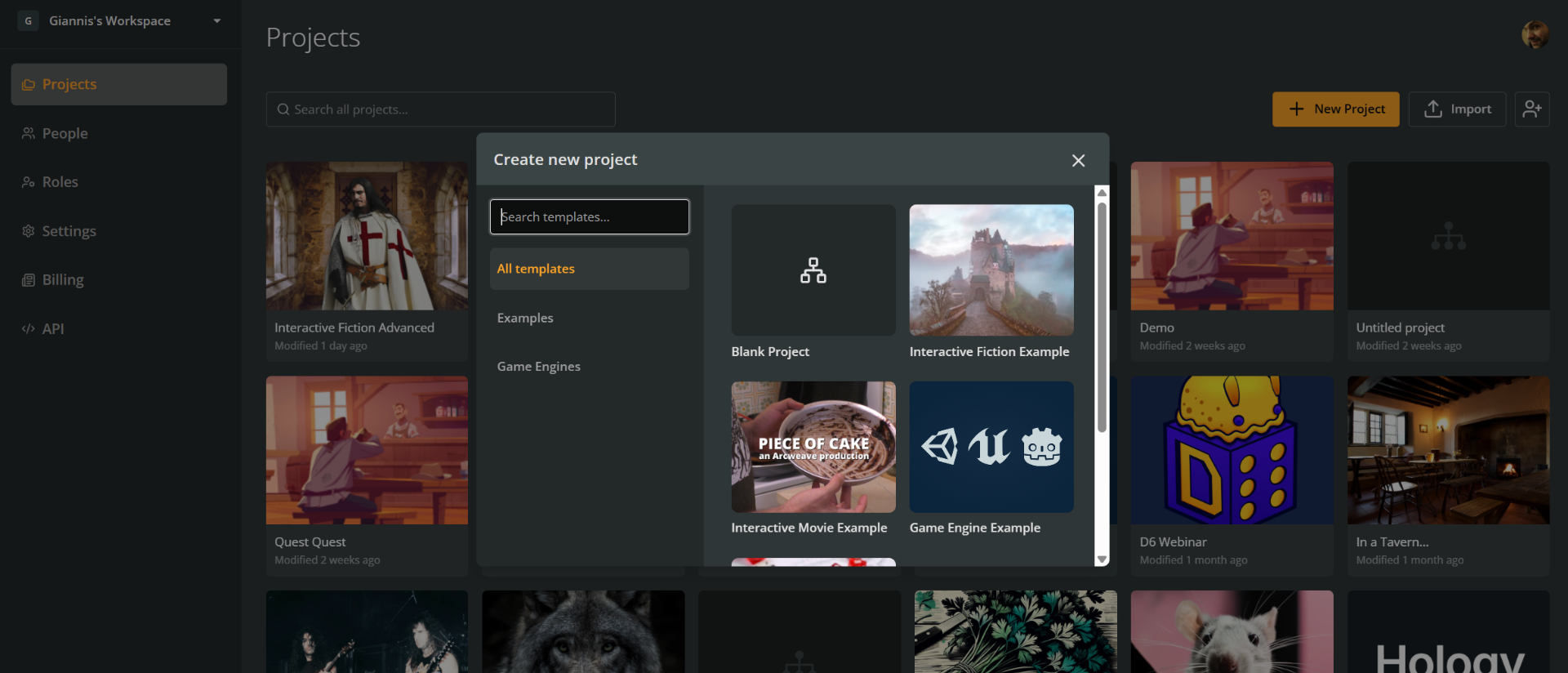 The Projects section of an Arcweave workspace, with the "Create project" modal open, showing the available project templates.