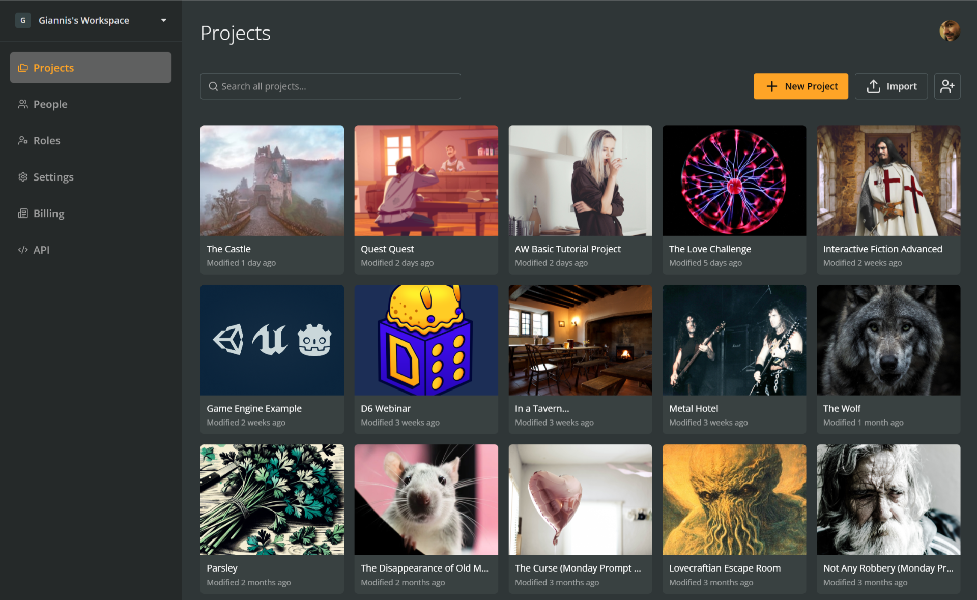 The Projects section of a workspace with multiple project thumbnails.