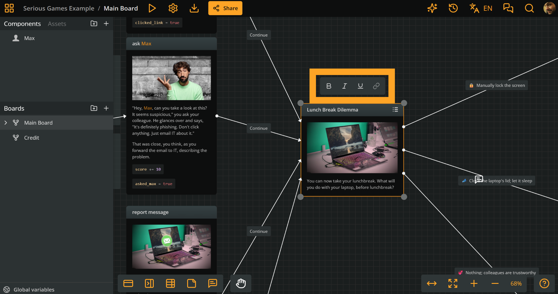 Arcweave's project environment, while editing an element's title. An orange rectangle emphasizes the position of the formatting bar above the element title's rich text field.