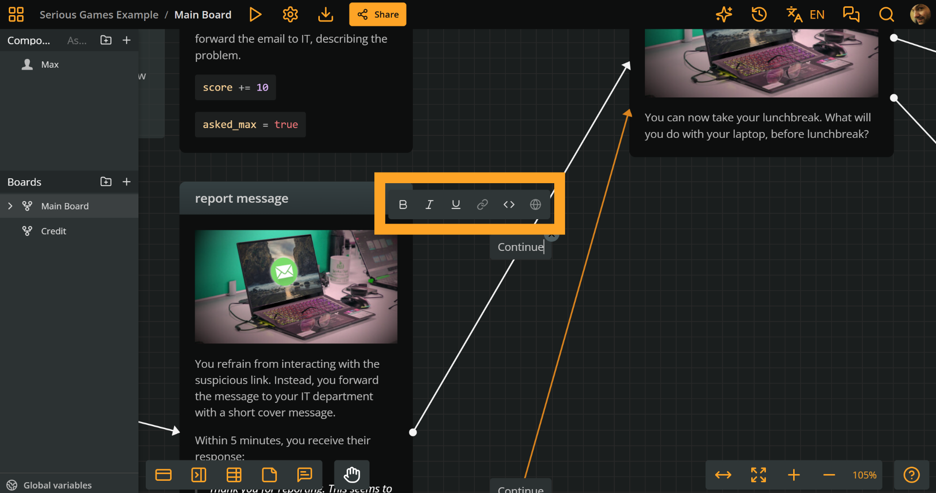 Arcweave's project environment, while editing a label. An orange rectangle emphasizes the position of the formatting bar above the label's rich text field.