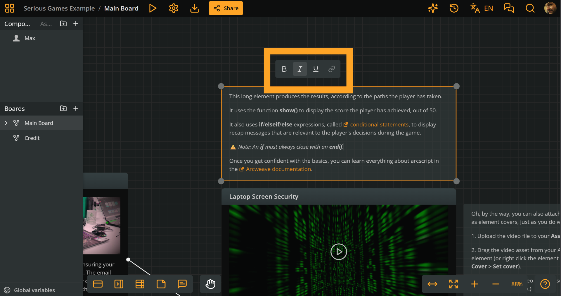 Arcweave's project environment, while editing a note. An orange rectangle emphasizes the position of the formatting bar above the note's rich text field.