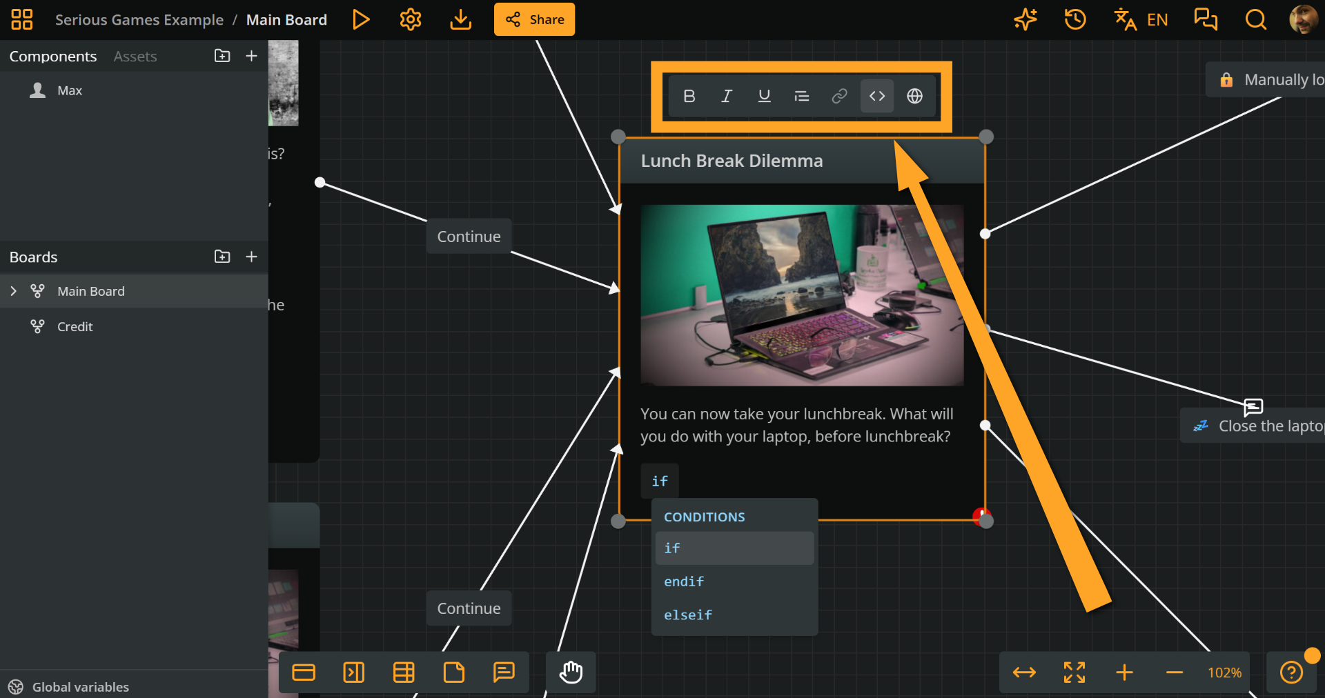 Arcweave's project environment, while editing an element. An orange arrow and an orange rectangle emphasize the position of the formatting bar above the element content's rich text field.
