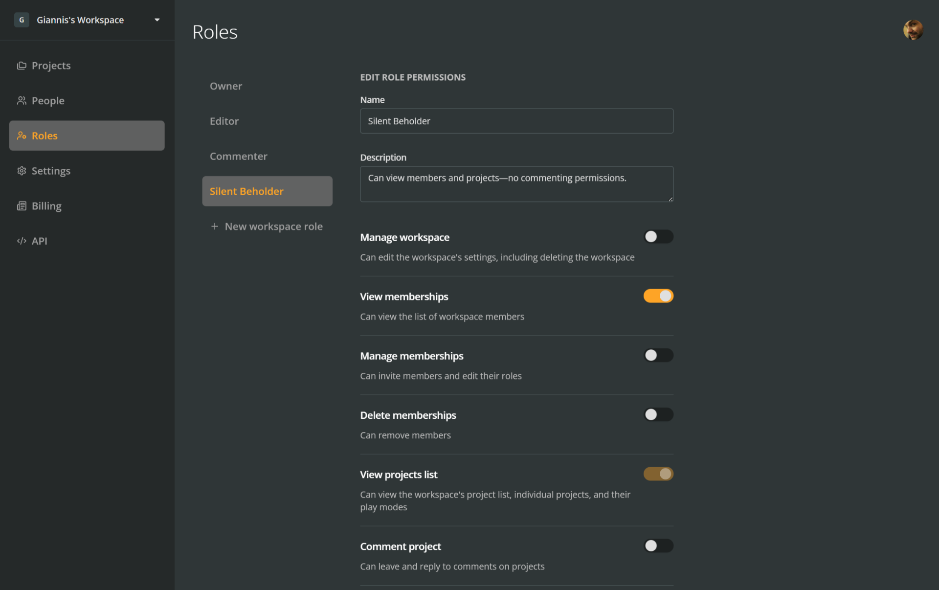 The Roles section of an Arcweave Team workspace, demonstrating a custom role called Silent Beholder, who only has viewing permissions.