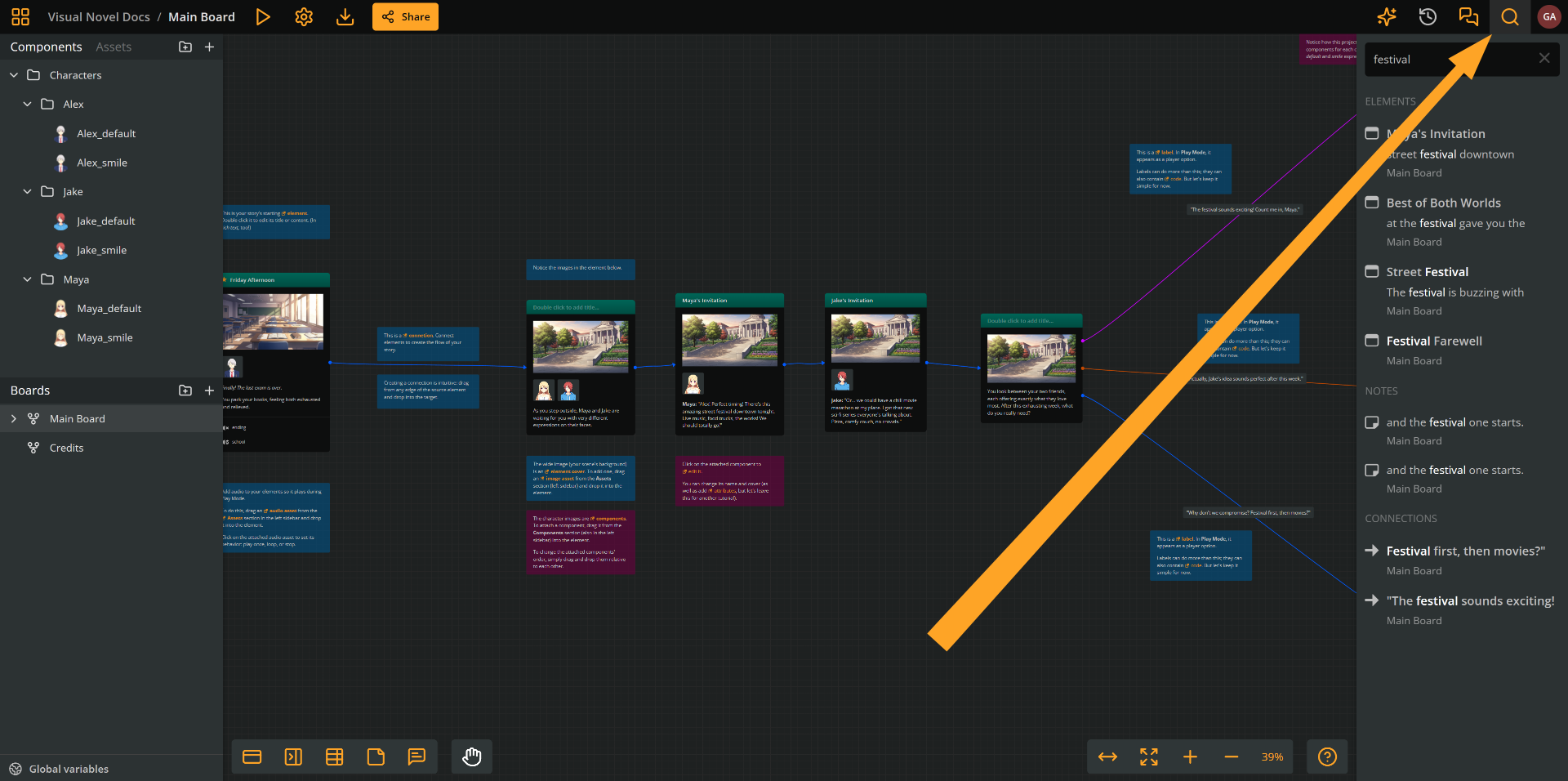 Arcweave's project screen, with the search field open and showing results for the term "crusader" in the Interactive Fiction Example project.