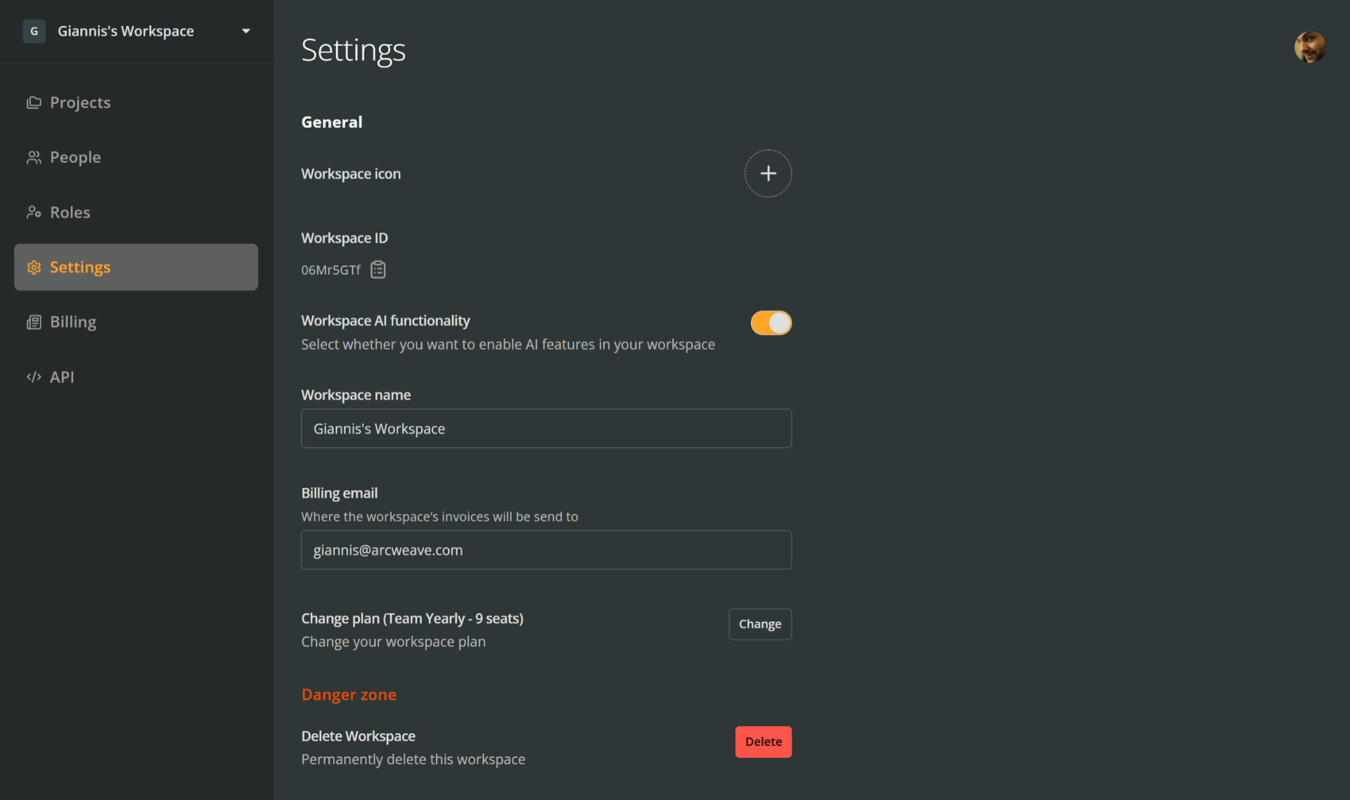 The Settings section of an Arcweave workspace.
