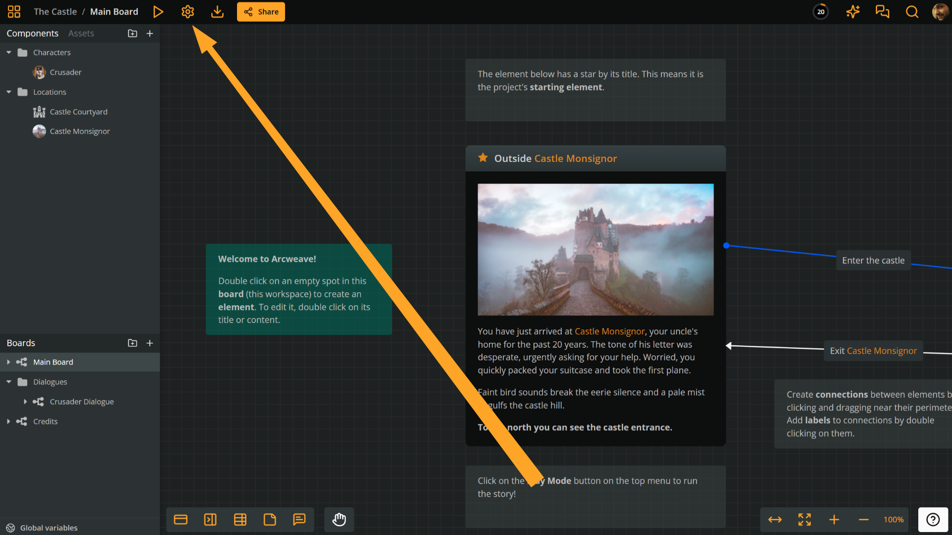 Arcweave's project environment, with an orange arrow pointing at the cog icon, in the top menu.