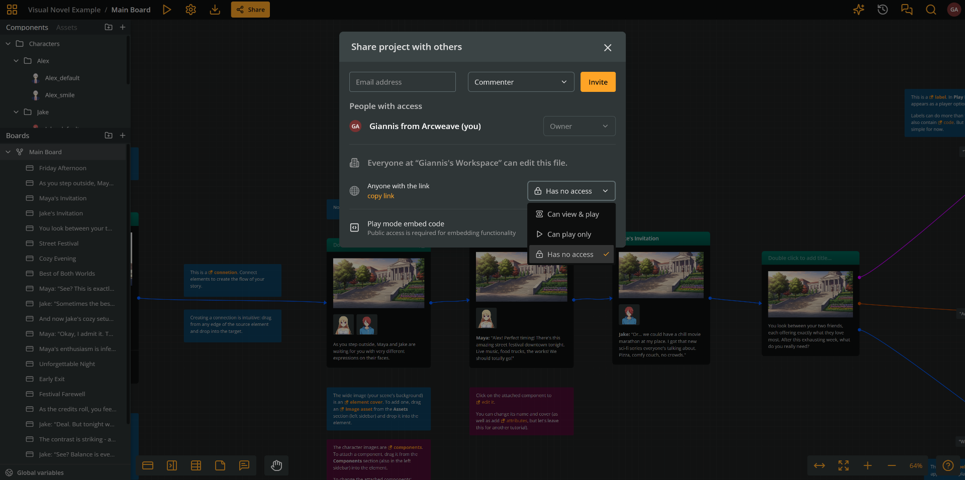 Arcweave's project screen showing the Share modal
