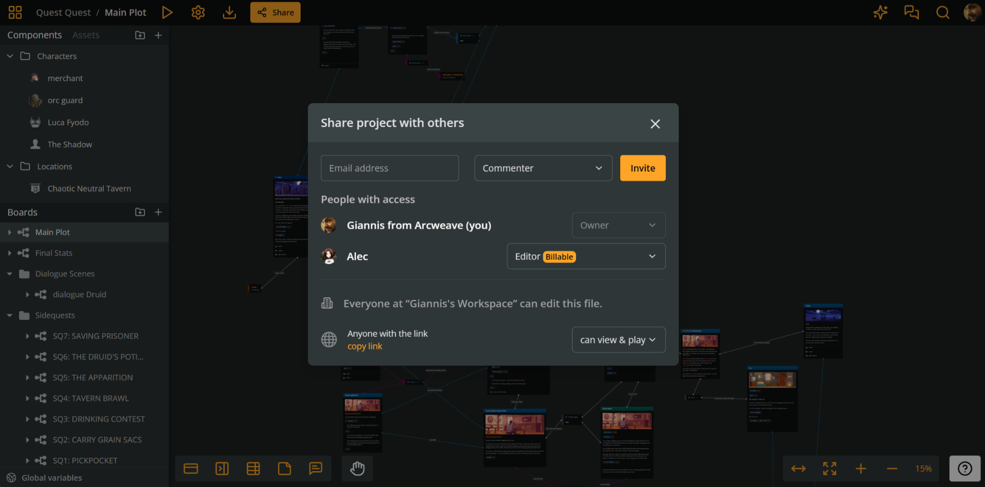 The Arcweave window showing an open project and its "Share" modal. The modal allows the user to invite more collaborators to the project and to configure the project's private or public state.