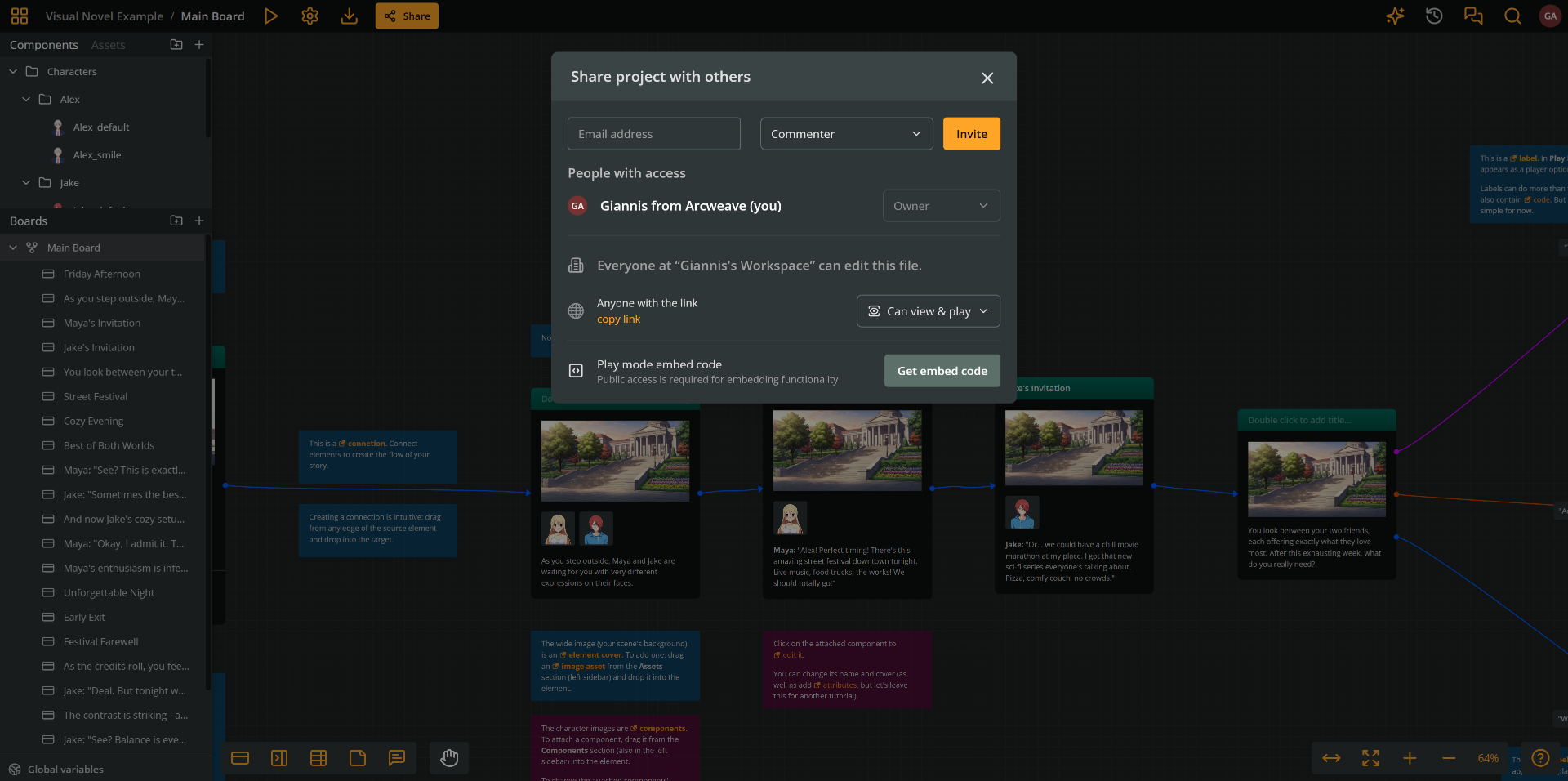 The Arcweave window showing an open project and its "Share" modal. The modal allows the user to invite more collaborators to the project and to configure the project's private or public state.