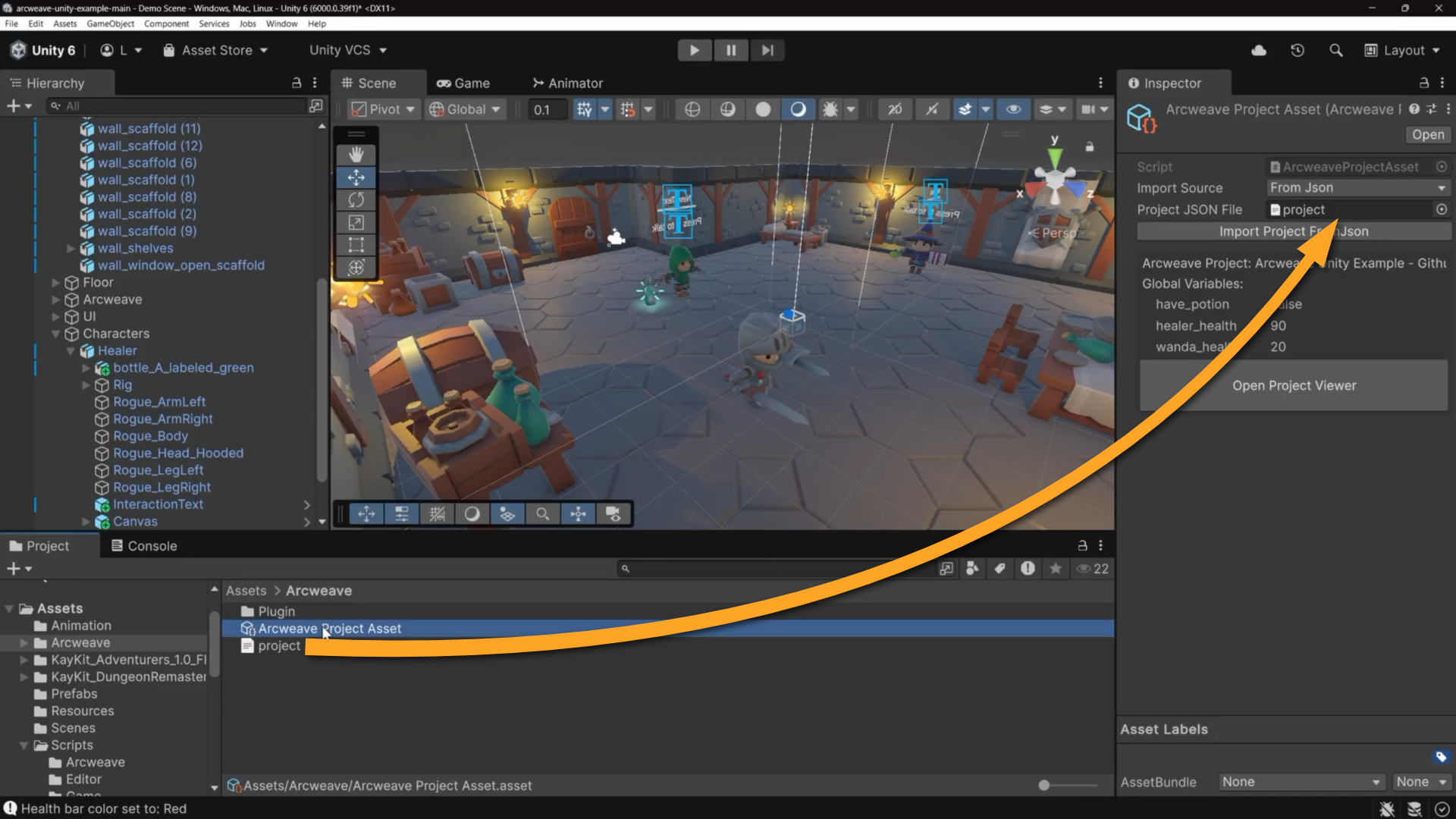 Unity environment. An orange arrow shows how the user should drag the json file into the Arcweave Project Asset's relevant Inspector field.