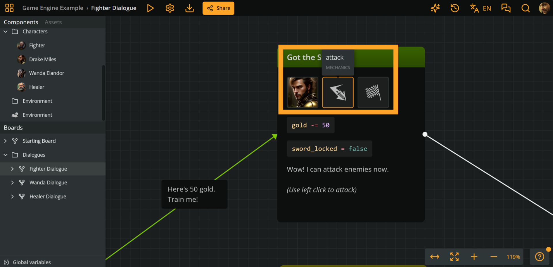 Arcweave project environment. An orange rectangle emphasizes the components that have been attached to an element. One of them is the Attack component.