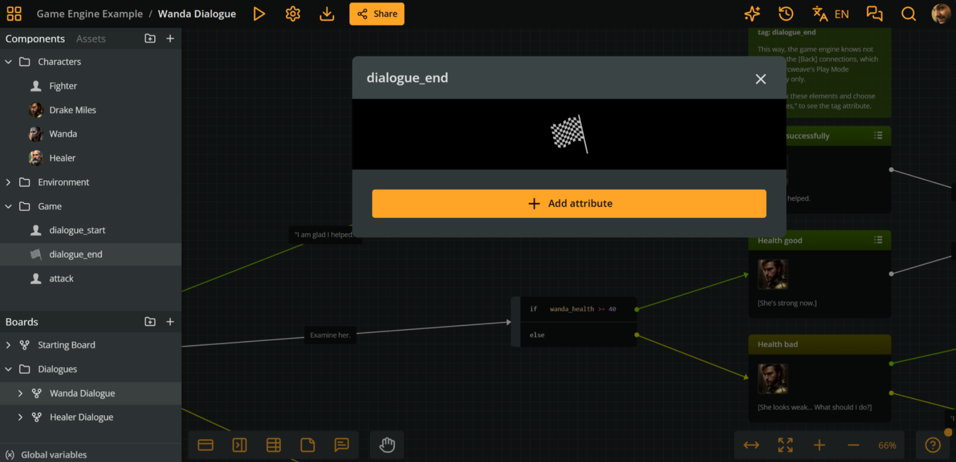 Arcweave's project environment with orange rectangles highlighting the four new aforementioned components.
