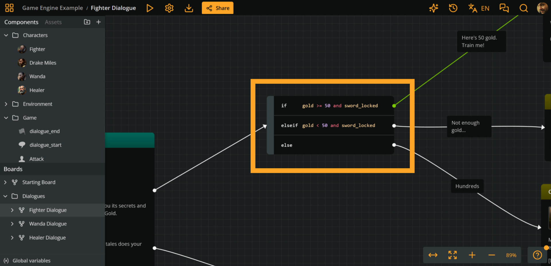 Arcweave's project environment highlighting the described branch and its conditions.