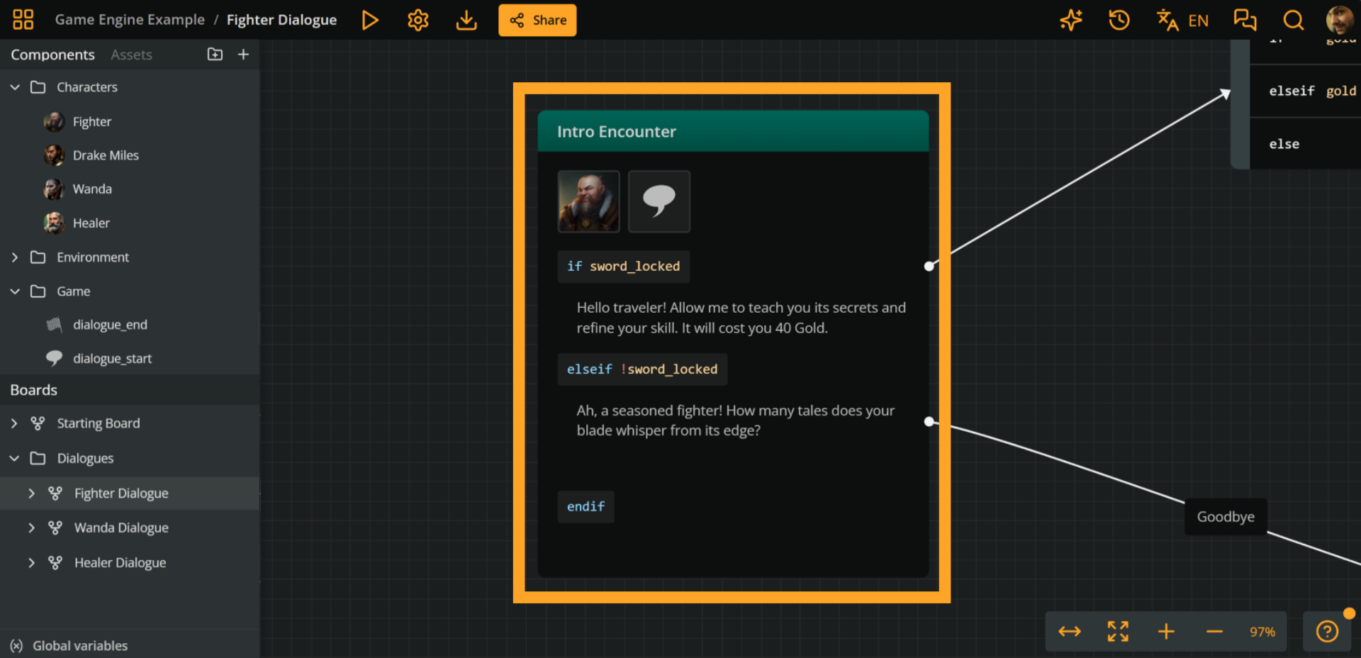 Arcweave project environment. An orange rectangle emphasizes the starting element of the fighter dialogue, which includes text content and Arcscript.