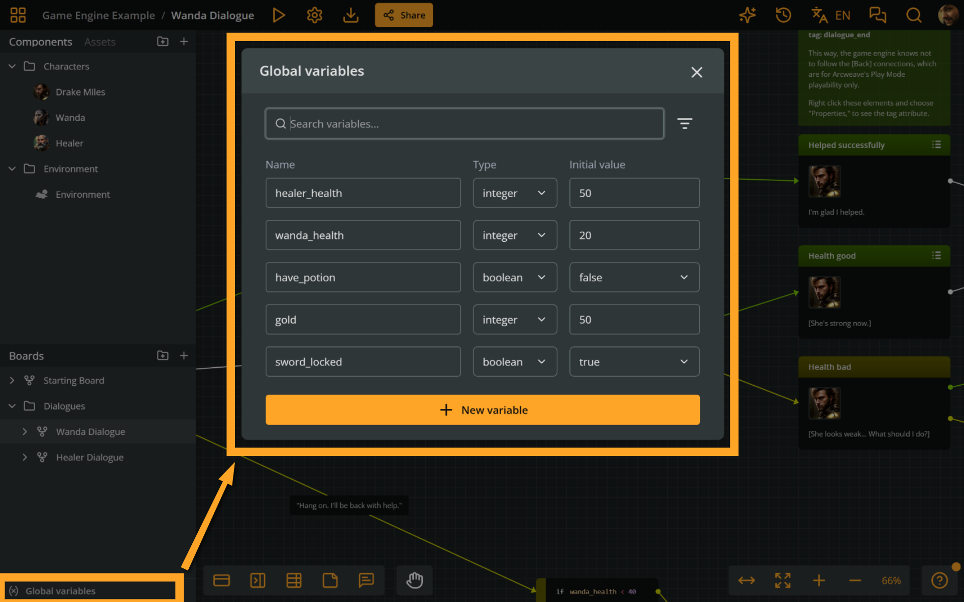 Global variable dialog showing gold and sword_locked variables
