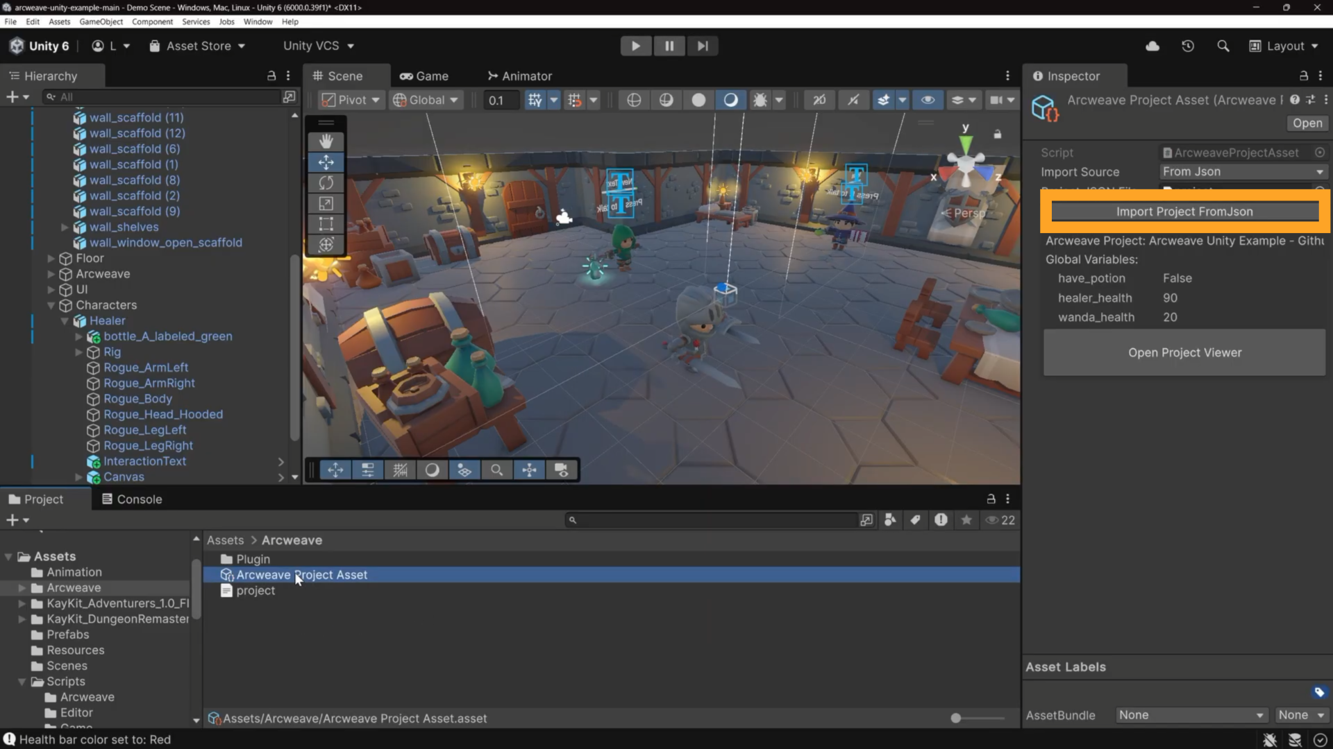 Unity environment. An orange rectangle singles out the button saying "Import Project FromJson", in the Inspector of the Arcweave Project Asset.