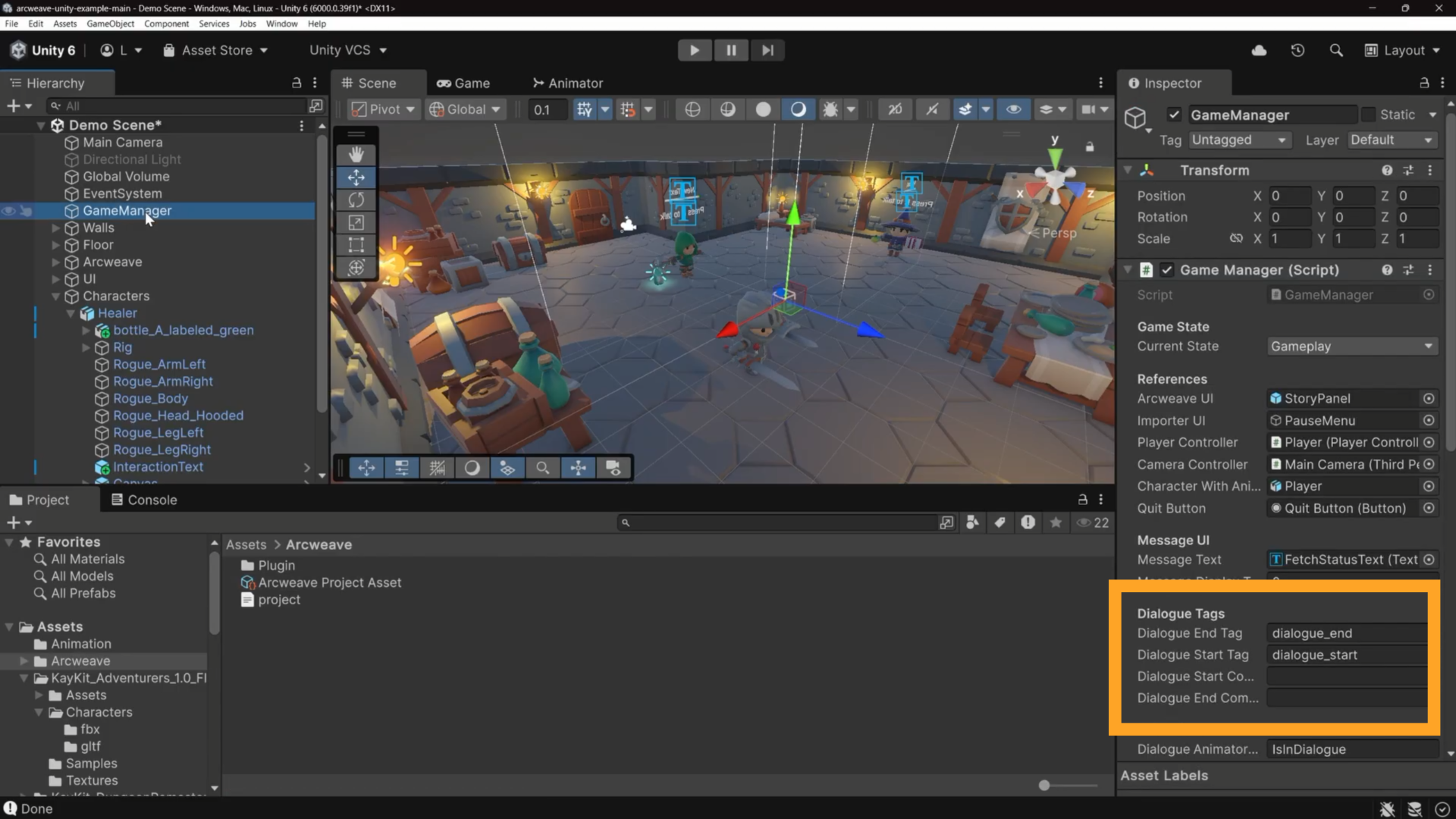 Unity environment. An orange rectangle shows the Dialogue Tags fields in the Inspector of the Game Manager game object.