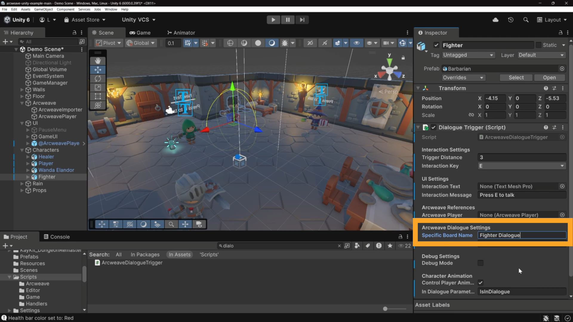 Unity environment. An orange rectangle shows the field called Specific Board Name.
