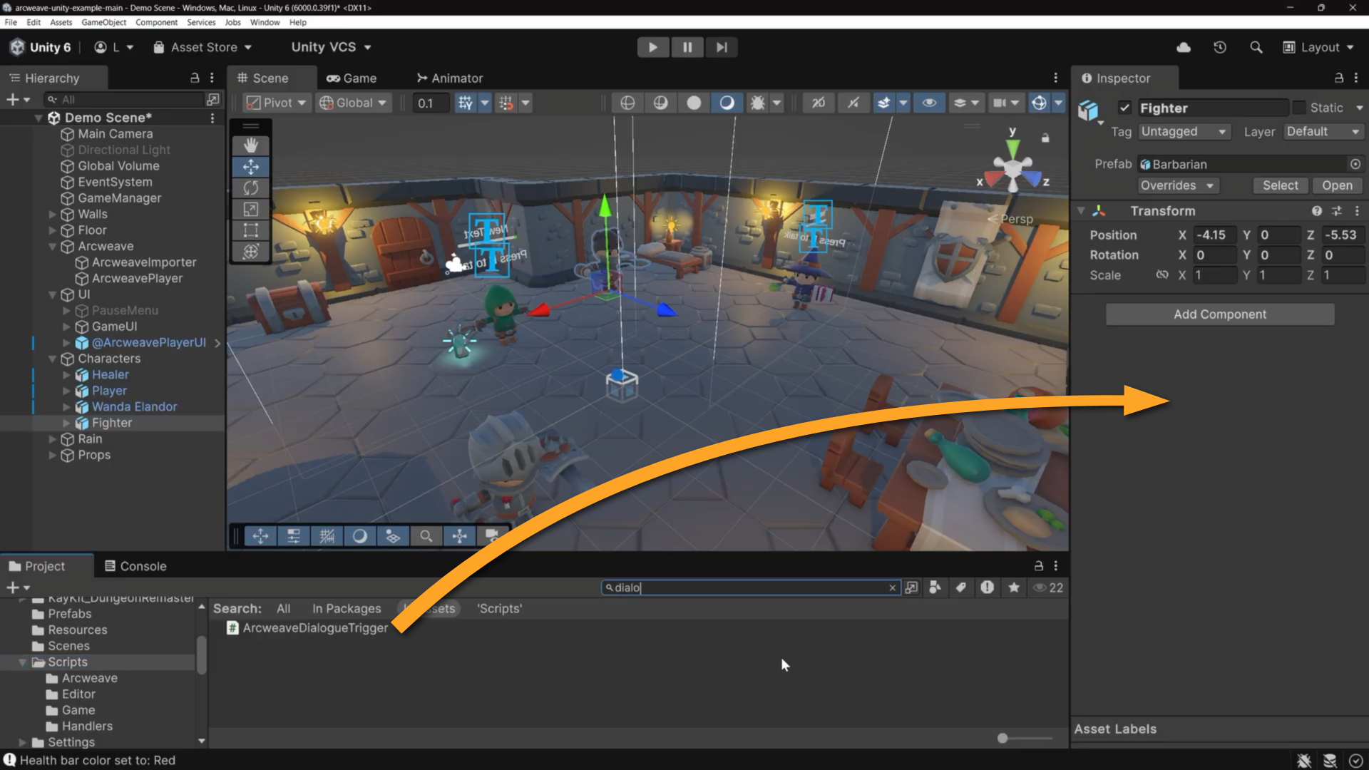 Unity environment. An orange arrow shows how the user should drag the Arcweave Dialogue Trigger script into the inspector of the Fighter game object.