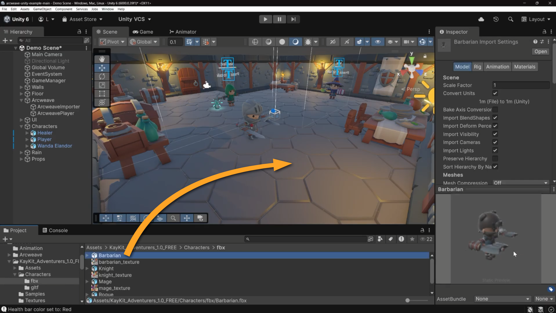 Unity environment. An orange arrow shows how the user should drag the Barbarian 3D model from the Unity editor folder system into the scene.